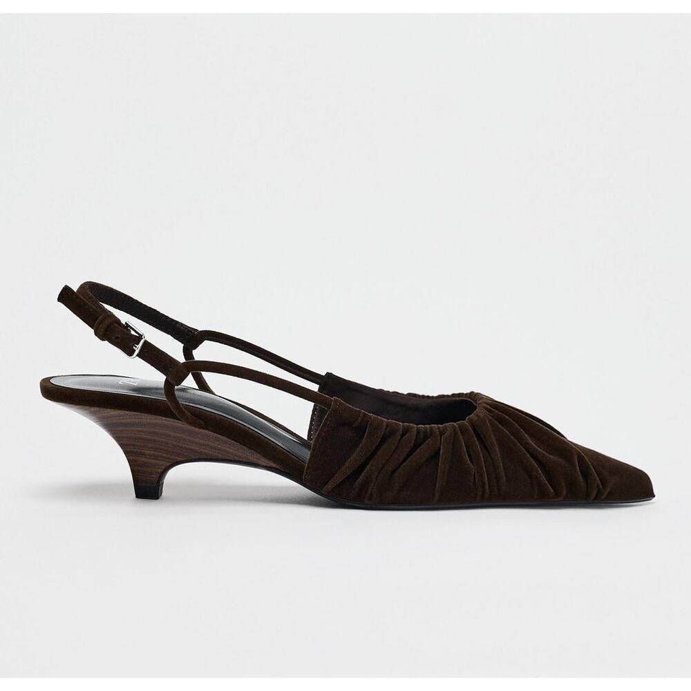 Zara NWT Brown Velvet Ruched Pointed Toe Slingback Kitten Heels 7.5 - Picture 16 of 16